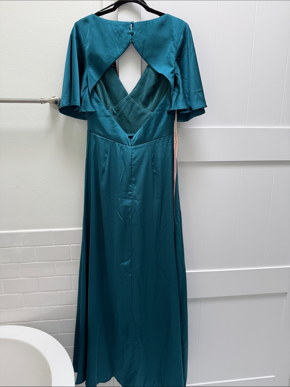 NWT Lulus Elegant Confidence Teal Satin Flutter Sleeve Maxi Dress L (US 10-12) - Picture 6 of 13